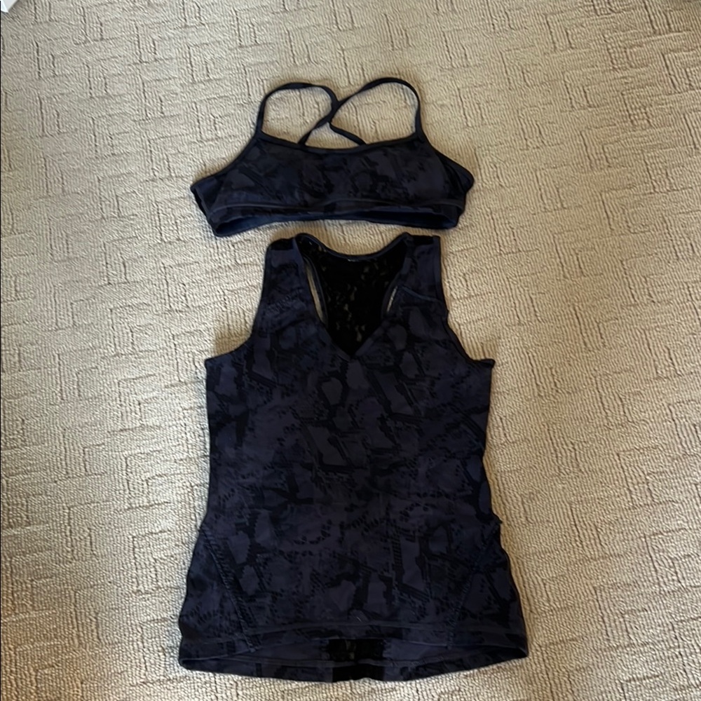 Black Patterned Sports Bra and Tank Set